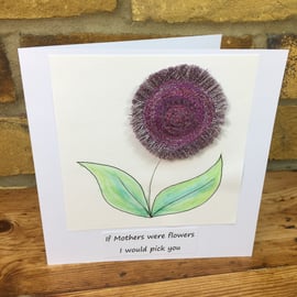 Mother’s Day card with  textile art brooch - Heather flower card and gift