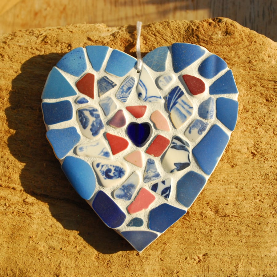 Blue and pink mosaic heart hanger