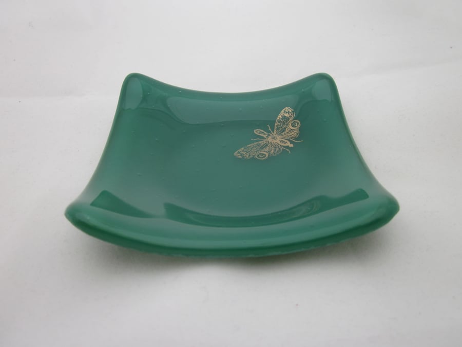 Handmade  fused glass trinket bowl or soap dish - copper moth on kelly green