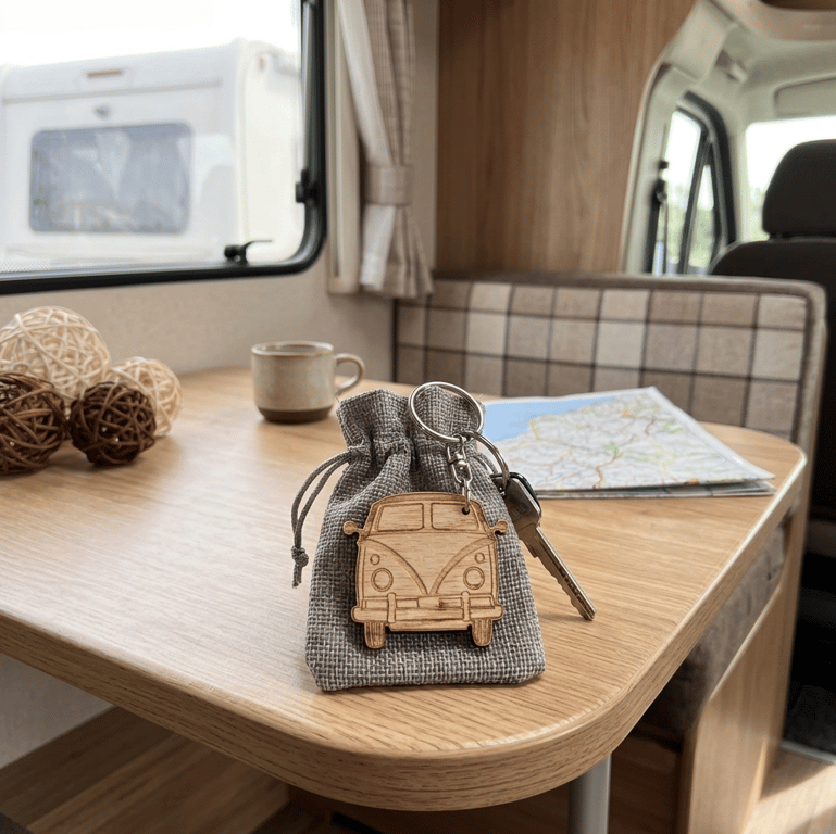 Wooden Motorhome Keyring - Camper Van Keychain with Gift Bag