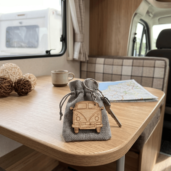 Wooden Motorhome Keyring - Camper Van Keychain with Gift Bag