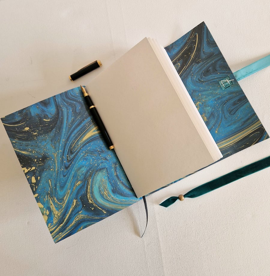 Marble Journal, Turquoise gold Paper, Black Leather Sketchbook, Northern Lights