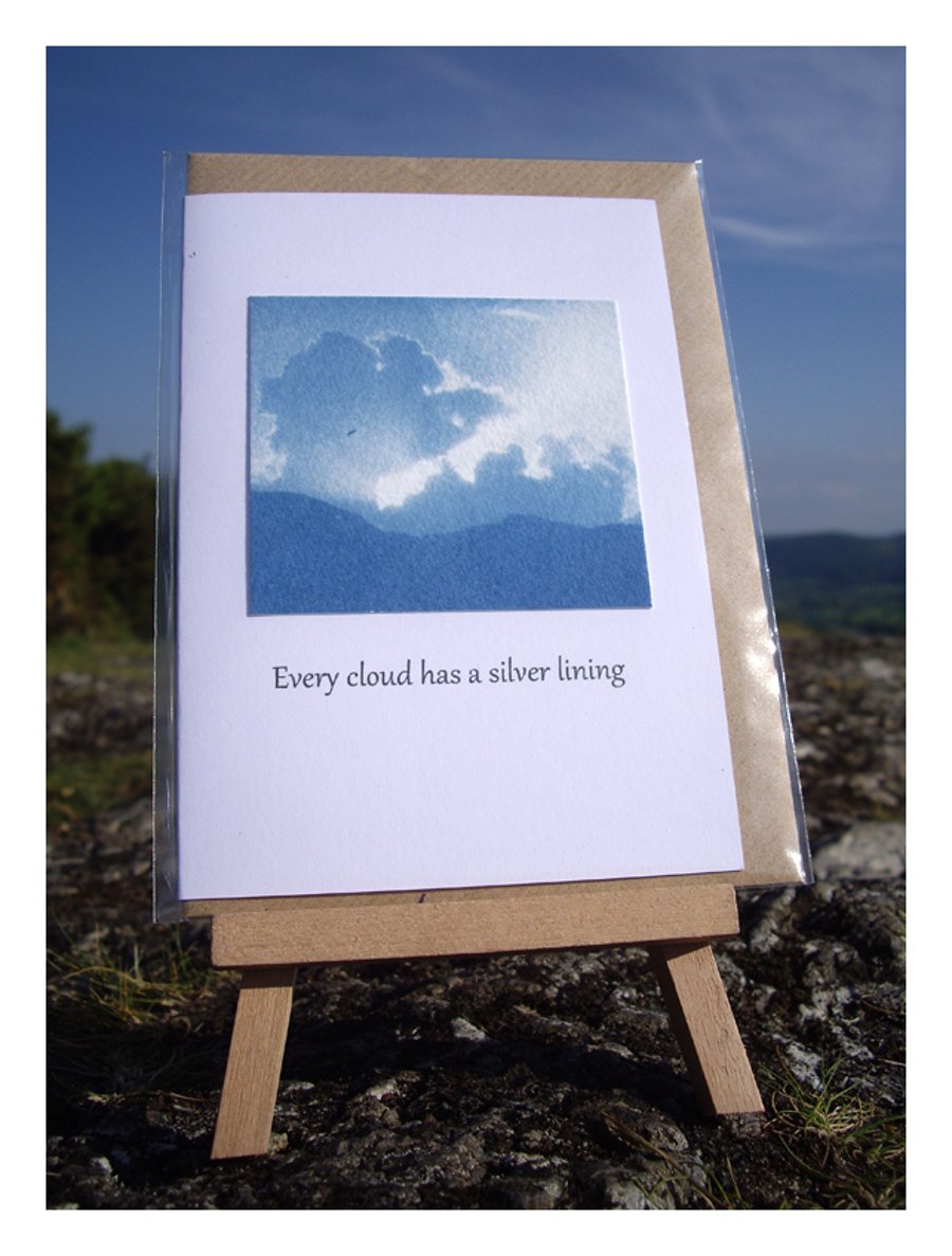 'Every cloud has a silver lining', Blue Cyanotype Card 