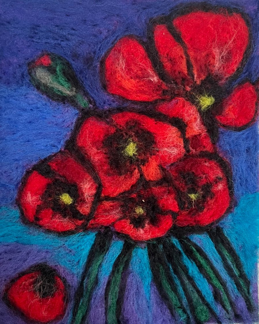 Poppies for Peace - Spring Colours Wool painting needle felt wall art