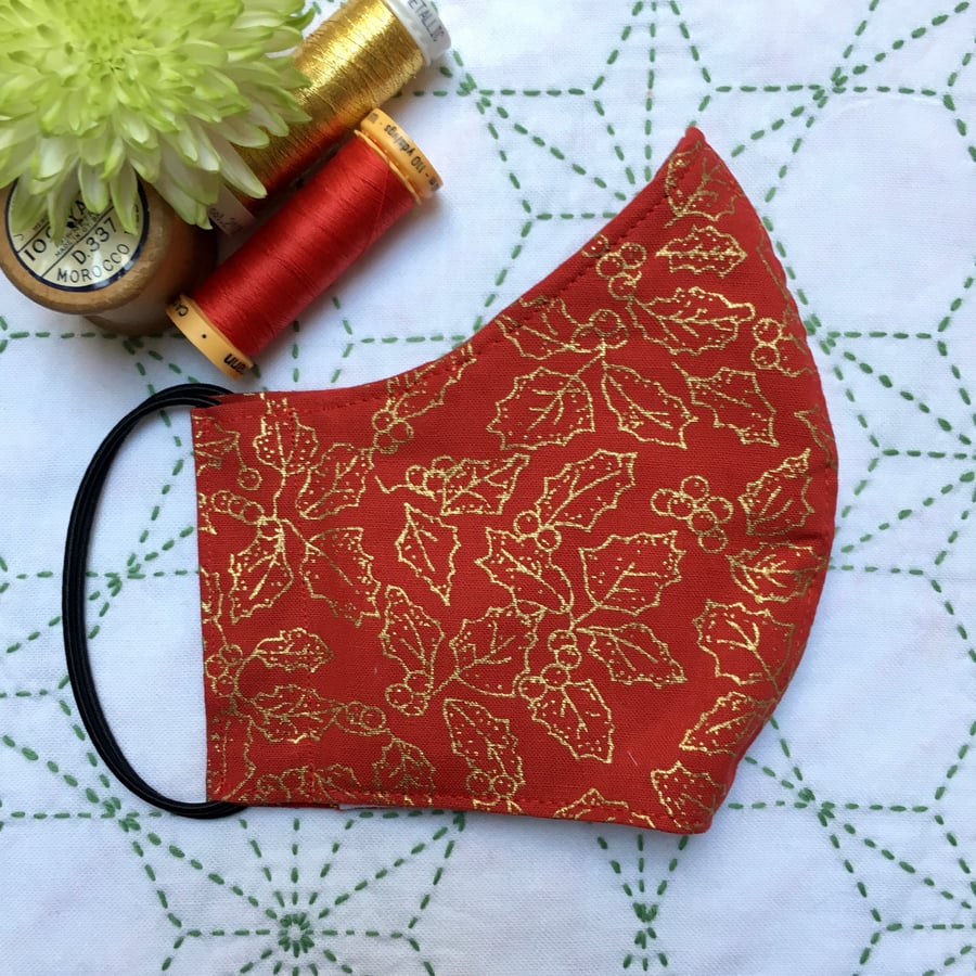 SALE Reusable Christmas Red and Gold Holly Cotton Face Mask Women FREE P&P