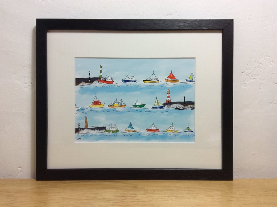 Heading home - framed print of illustration of boats