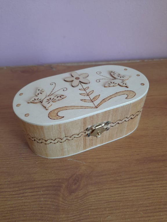 Handmade Butterfly Jewelry Box: Pyrography Engraved Wooden box.
