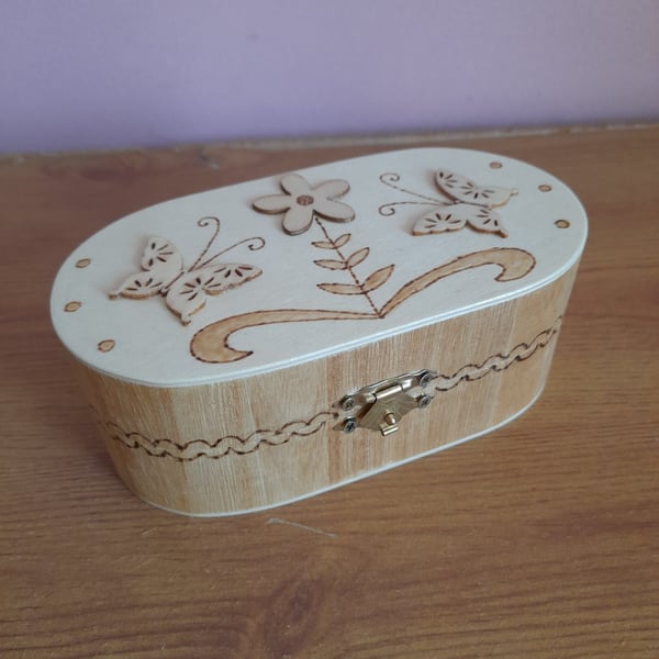 Handmade Butterfly Jewelry Box: Pyrography Engraved Wooden box.