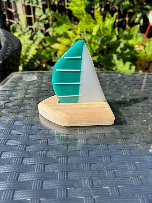 Glass Boats on wooden base- glass gift- present- seaside- Dad gift- Grandad
