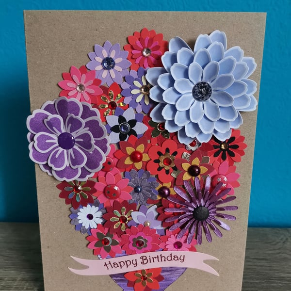 Red and blue luxury handmade Happy Birthday flower keepsake greeting cards  