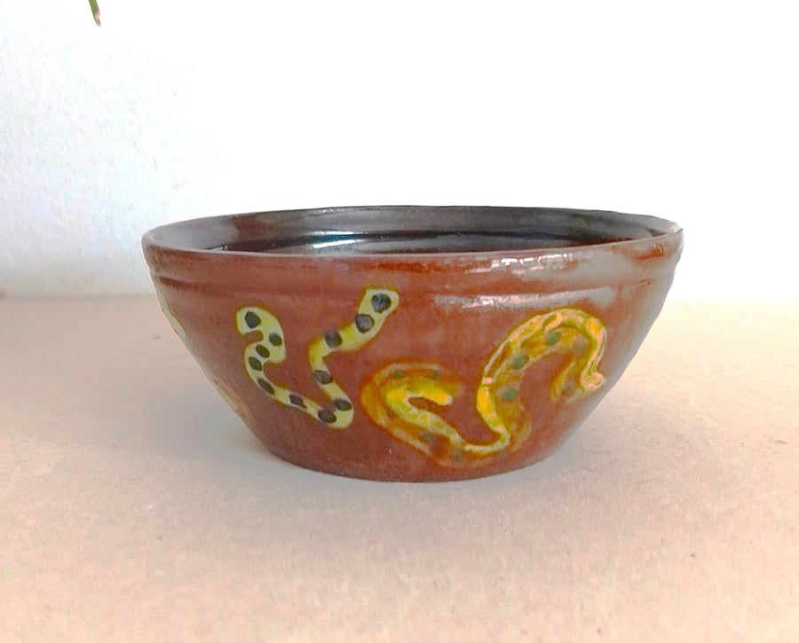 Terracotta Serving Bowl: Multicolored abstract Design, lustre.