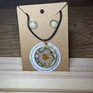 Real Dried Flower Resin Necklace Earrings Set, Botanical Round Pendant, Gold 