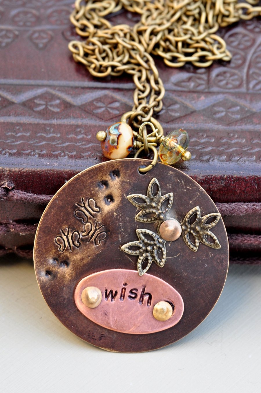 Wishes Vintaj Handstamped Metal Pendant with Czech Beads