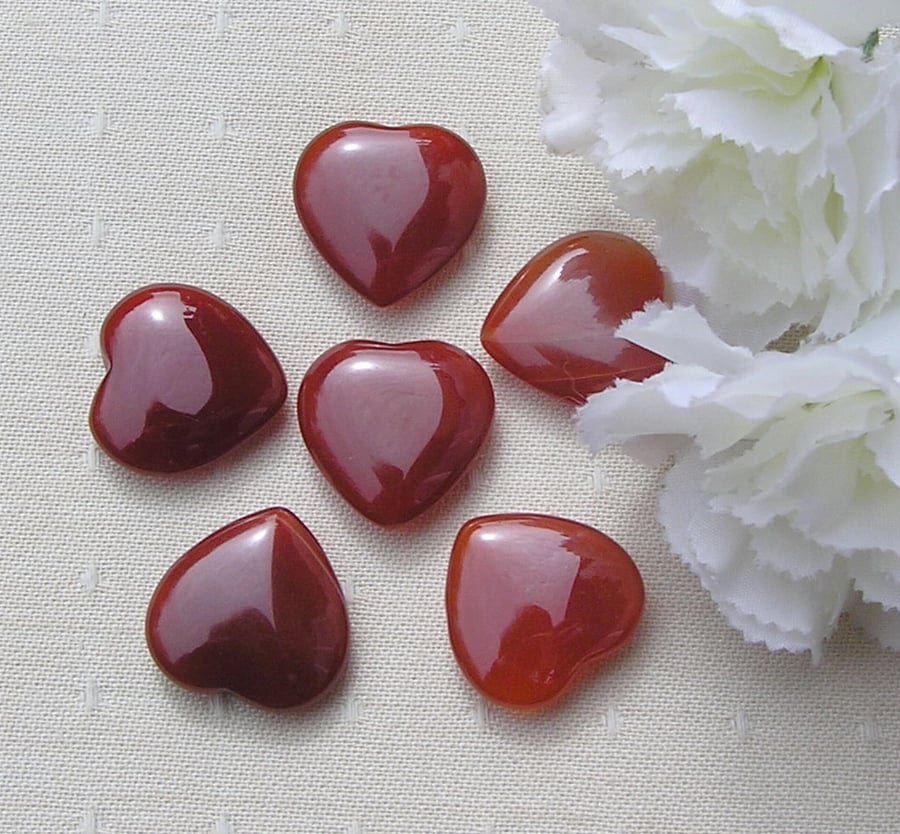 6 Carnelian Agate Solid Gemstone Polished Hearts - 20mm - Chakra - Crafting