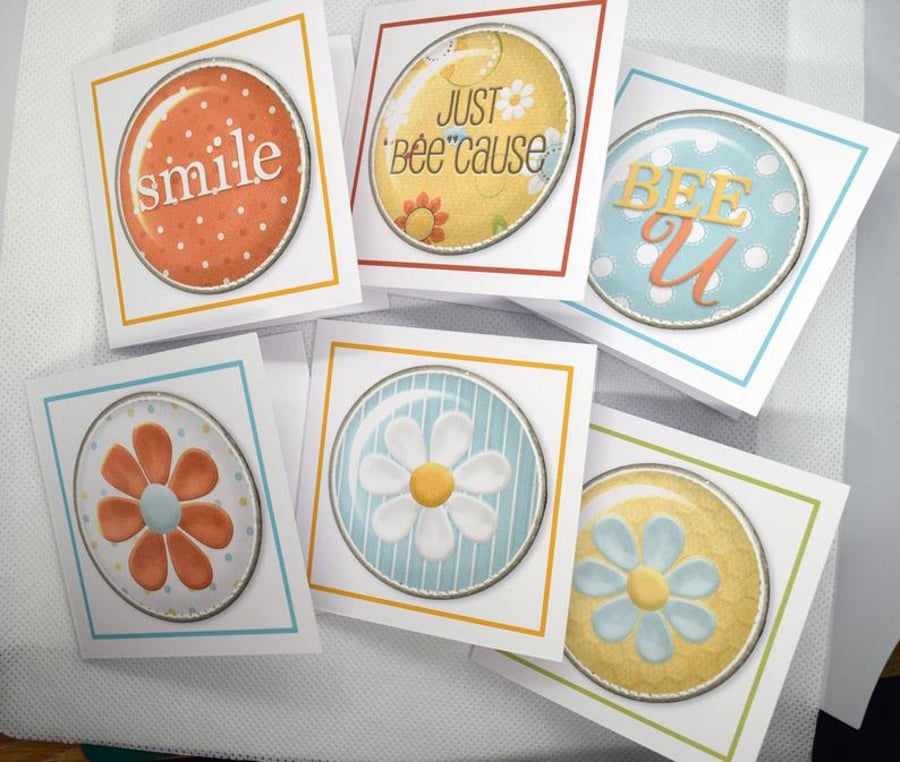 Set of 6 Daisy & Bee Phrases 3 x 3 Square Blank Mini Note Cards Tags Stationery