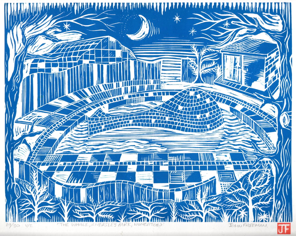 The Whale, Riversley Park, Nuneaton by John Freeman, linocut print in cyan