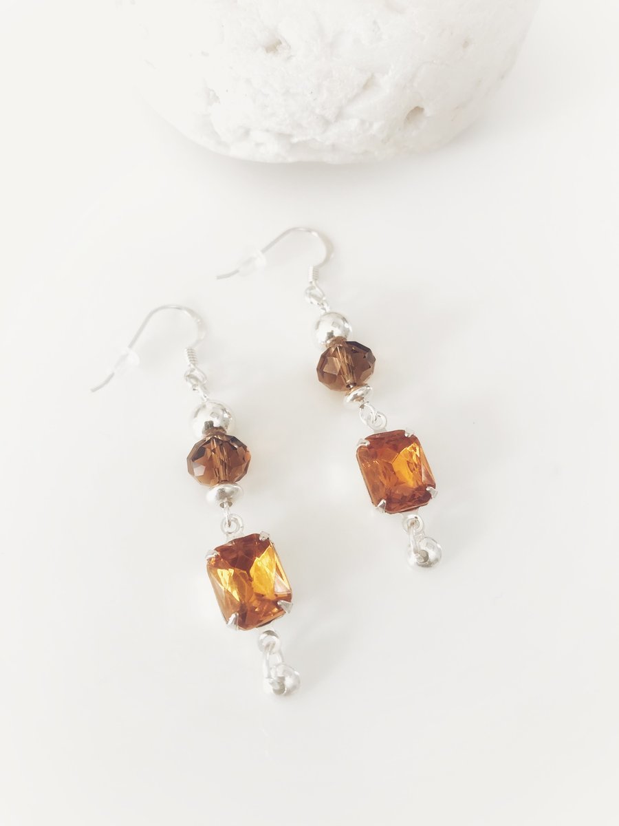 Amber glass and sterling silver bead earrings 