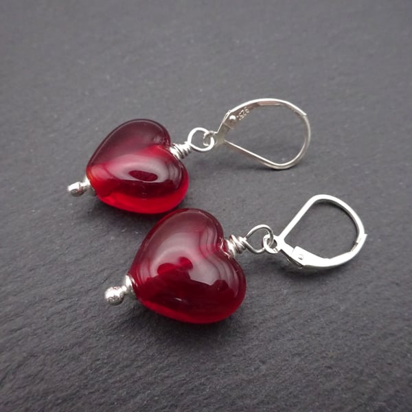 red heart lampwork glass earrings, sterling silver lever back