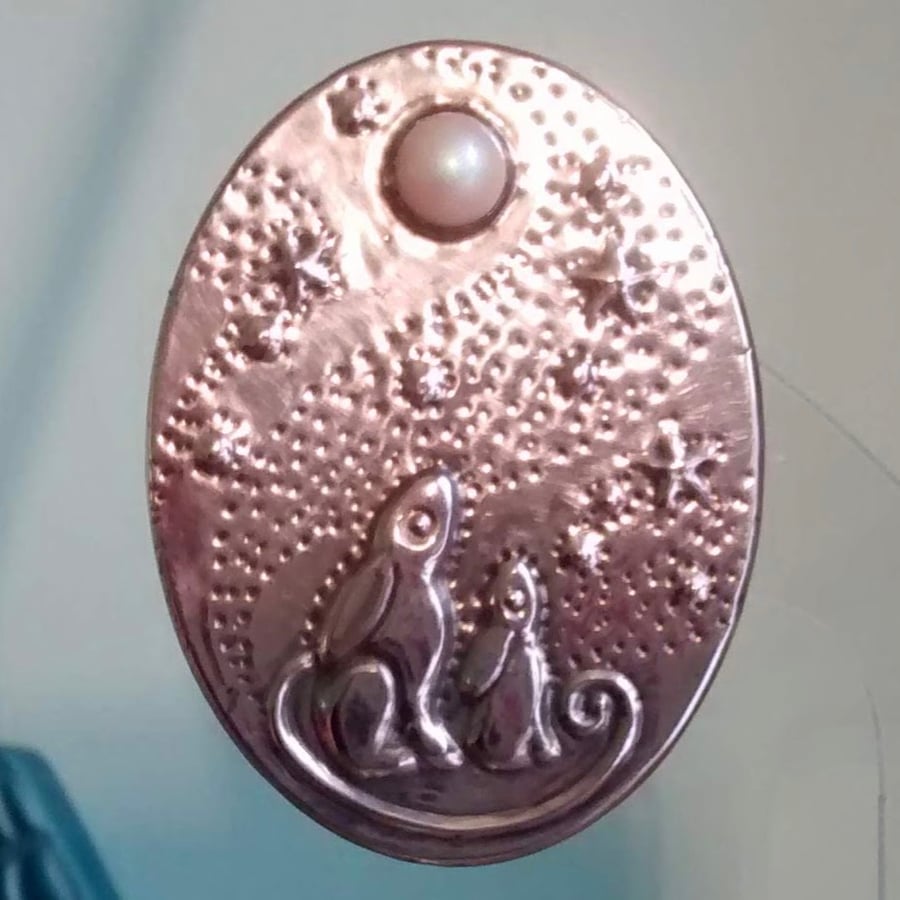 Moongazing Hares Brooch with Swarovski Pearl Moon