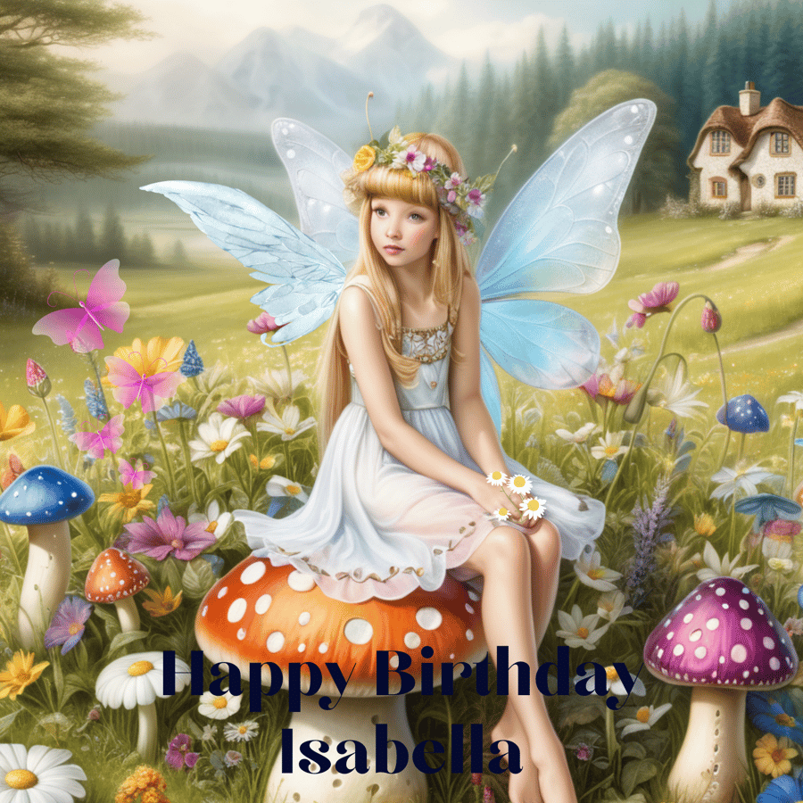 Personalised Birthday Card of a fairy sitting on a toadstool in a flower meadow