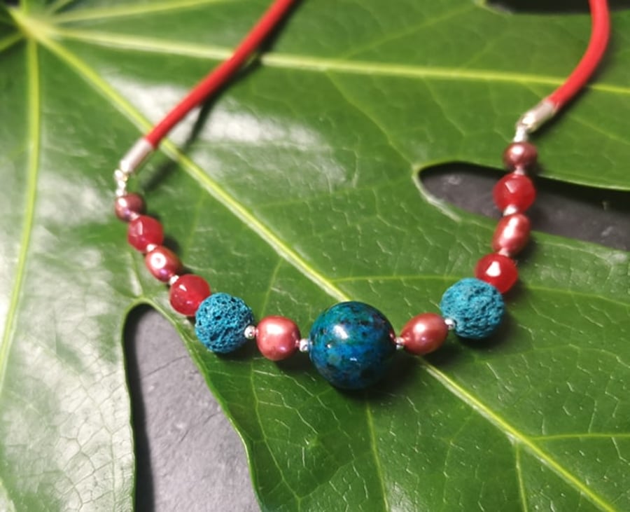 Red Leather gemstone necklace