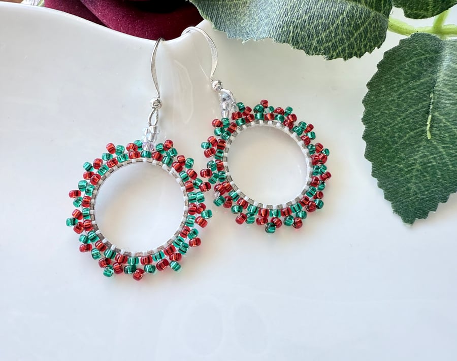 Festive Christmas beadwork hoop earrings 