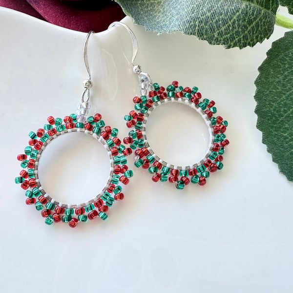Festive Christmas beadwork hoop earrings 