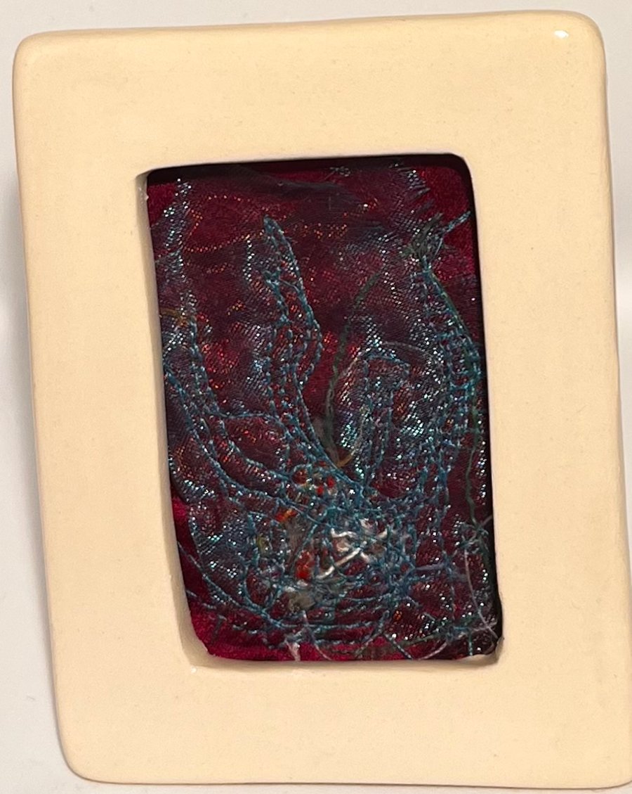 Mini turquoise & pink abstract embroidery in porcelain frame