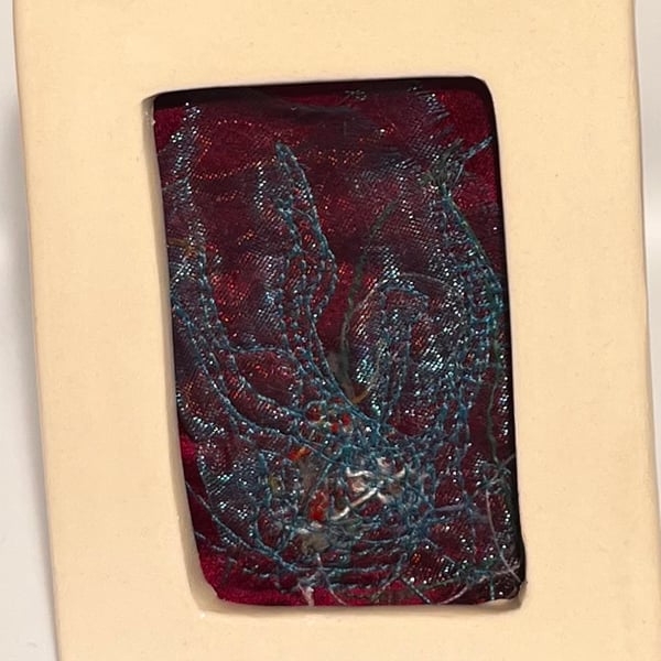 Mini turquoise & pink abstract embroidery in porcelain frame