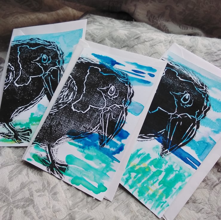 Handprinted Crow postcard 3 pack - Folksy