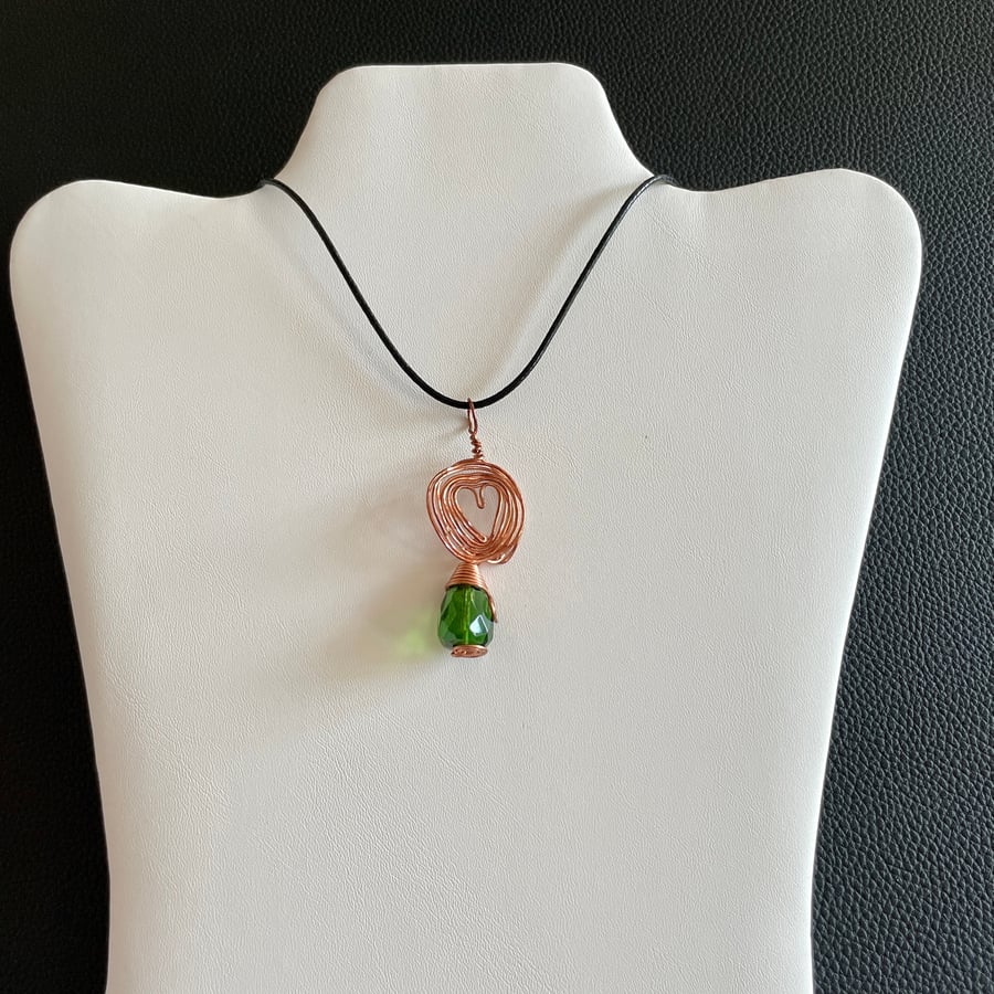 Emerald Green and Copper Heart Spiralled Pendant