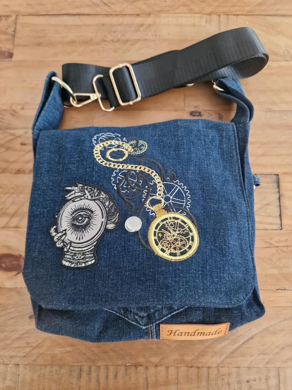 Handmade Upcycled Denim Steampunk Pocket Watch Crossbody Bag