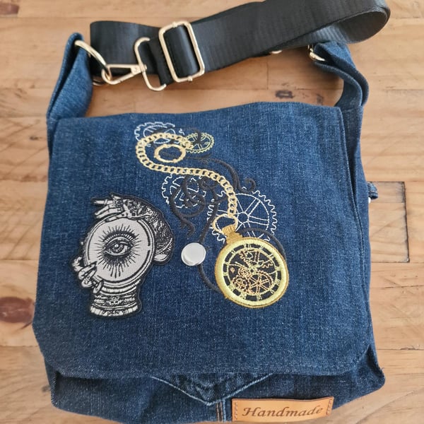 Handmade Upcycled Denim Steampunk Pocket Watch Crossbody Bag