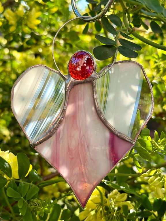 Stained Glass Heart Angel - Soft pink with white striped wings