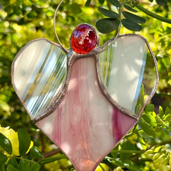 Stained Glass Heart Angel - Soft pink with white striped wings