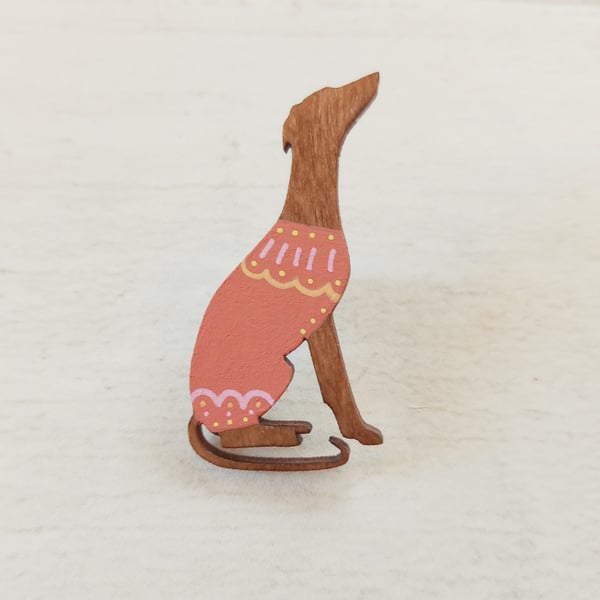 Whippet Brooch, Dog Pin, ANimal Lover Pin, Wooden Whippet Pin