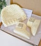 Hello World Crochet Baby Hat & Booties Set - Cream Newborn Gift - Image 6