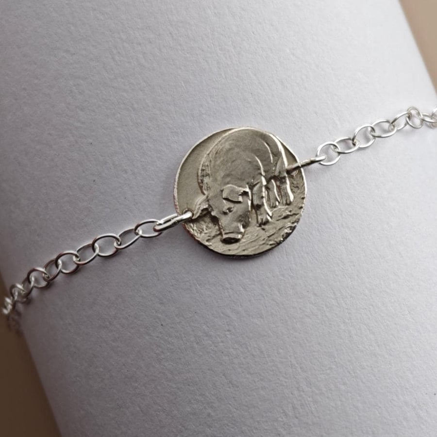 Image of Pig Engraved Sterling Silver Coin Bracelet