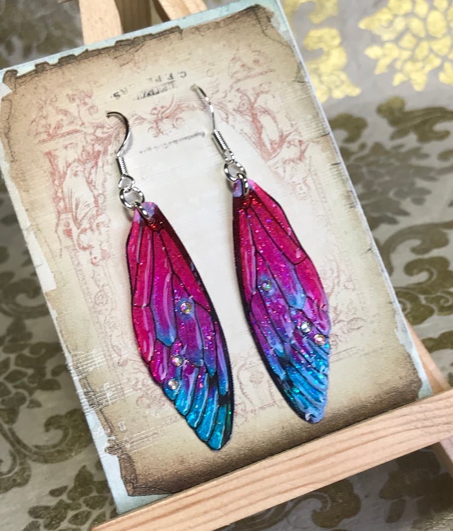 Colourful Aurora Borealis Rhinestone Sterling Silver Fairy Wing Earrings