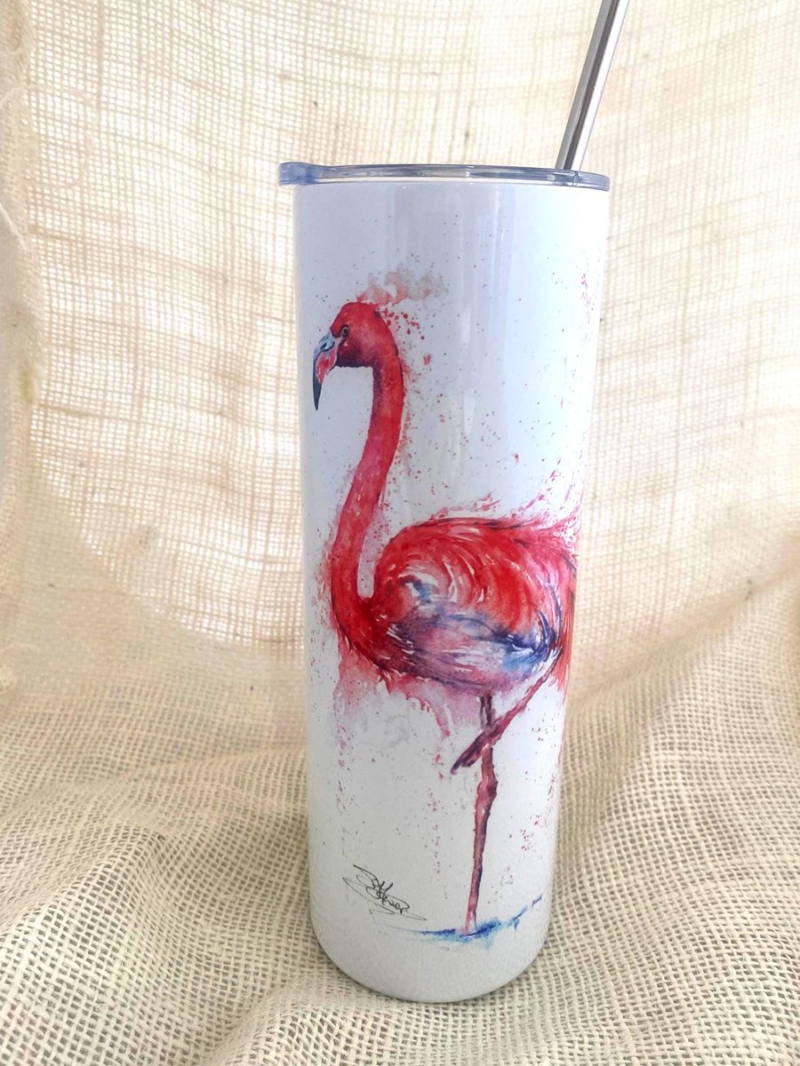 Flamingo Watercolour Tumbler. 20oz Vacuum-Insulated Stainless Steel Travel Cup, 