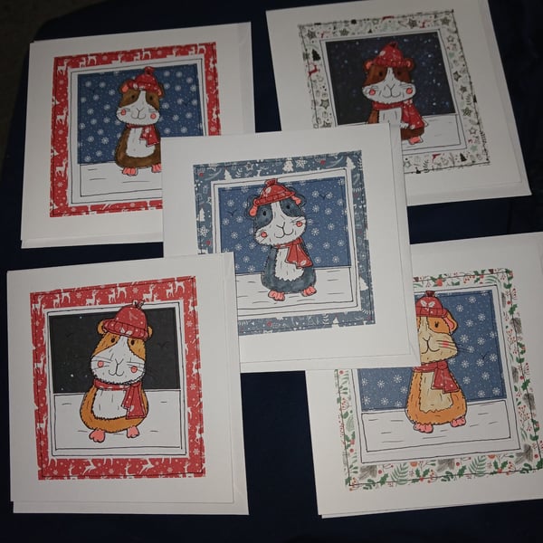 Quirky art whimsical handmade unique guinea pig illustrated christmas cards 