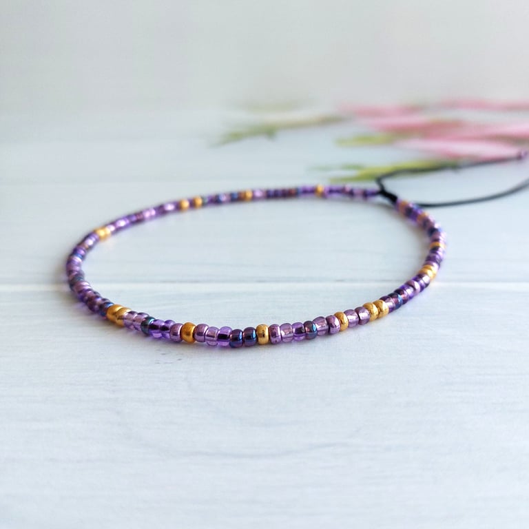 Purple & Gold Seed Bead Anklet