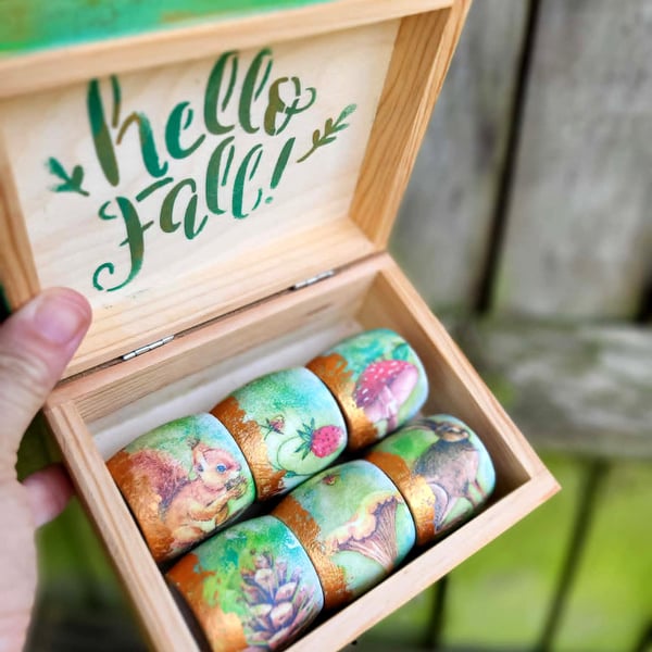 Handmade Autumn Woodland Napkin Rings – Forest Animal Set with Copper Edging