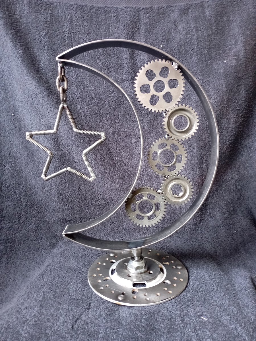 Metal Steampunk Sculpture Crescent Moon And Star Model, Upcycled Model, Astral