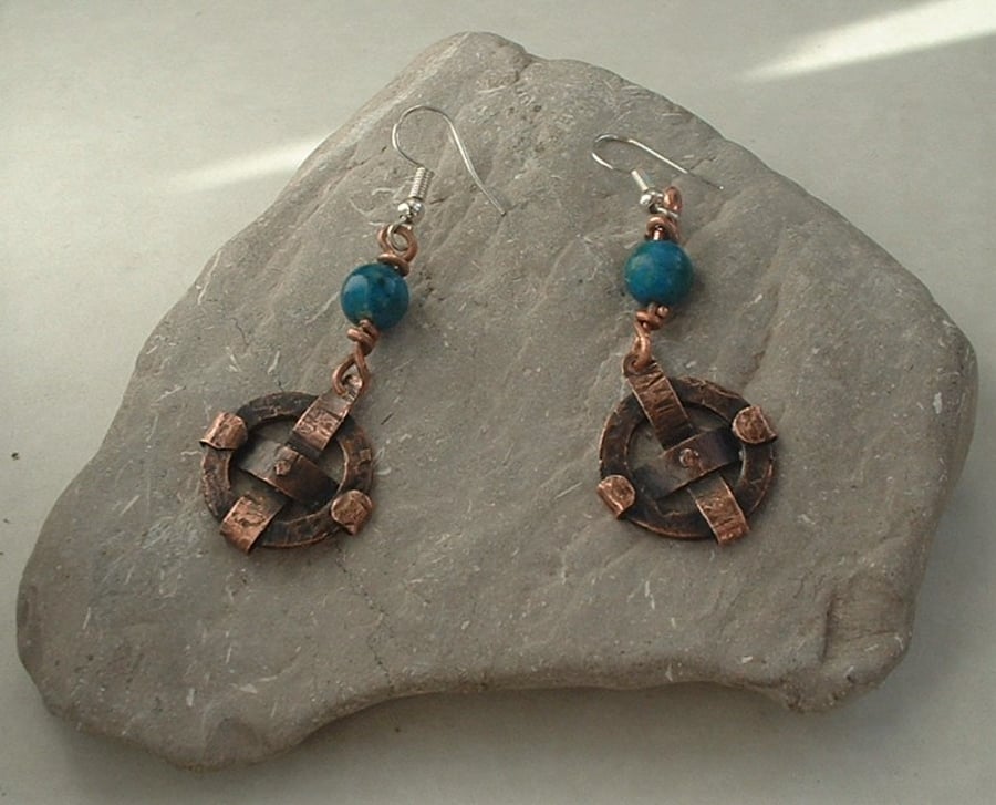 Rustic Copper Solar Cross Earrings with Blue Azurite Beads