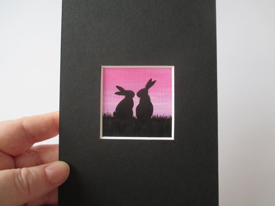 Bunny Rabbit Mini Miniature Original Painting Silhouette Art Picture Pink