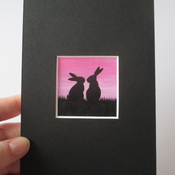 Bunny Rabbit Mini Miniature Original Painting Silhouette Art Picture Pink