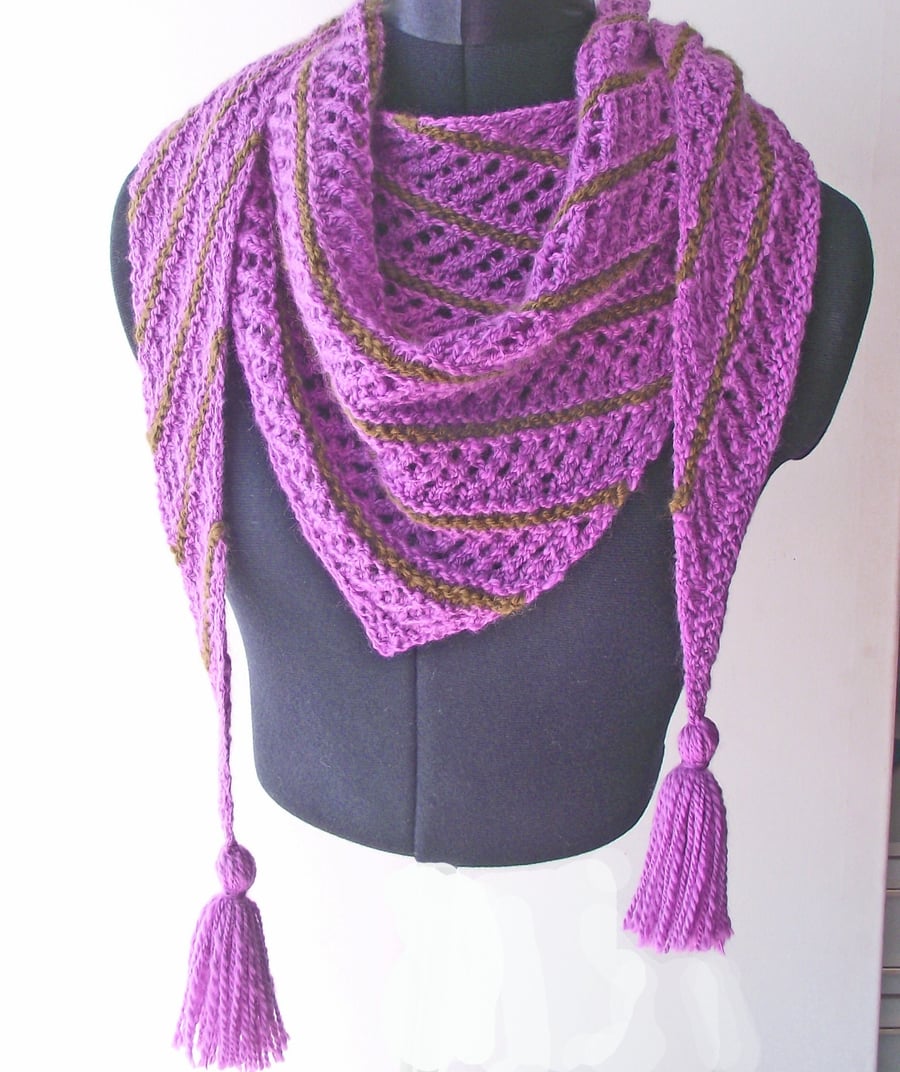 Asymmetric Scarf, Wrap or Shawl. Pink and Green, Handspun Knitted, Merino Wool 