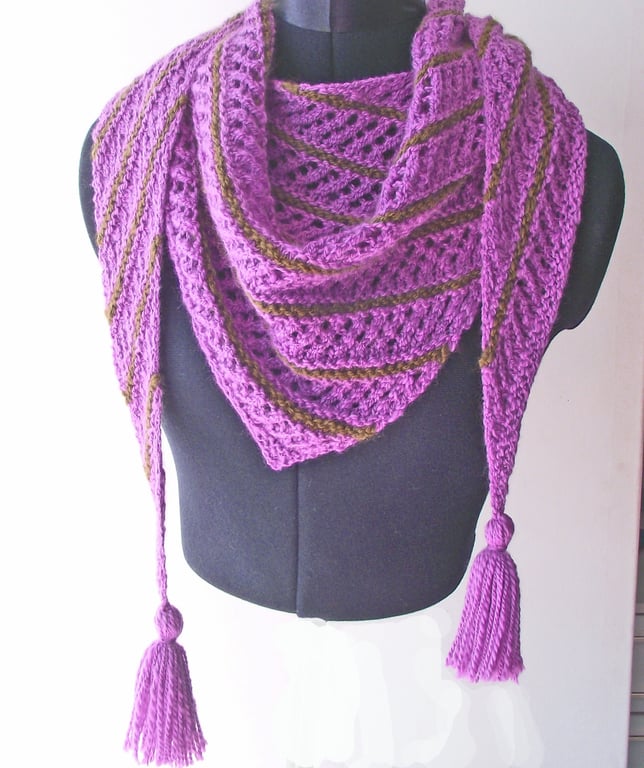 Asymmetric Scarf, Wrap or Shawl. Pink and Green, Handspun Knitted, Merino Wool 