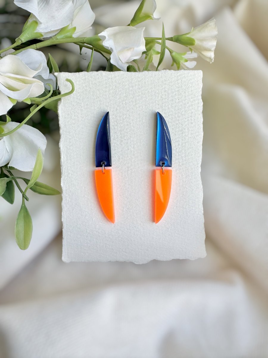 Blue and Neon Orange Acrylic Curved Statement Earrings - Minimalist Drop Dangles